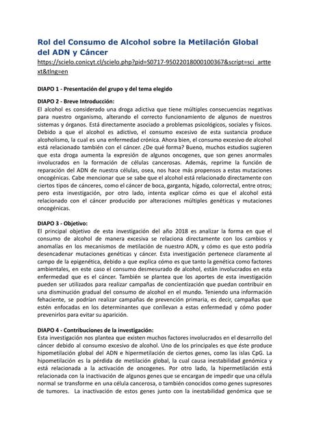 Consumo de Alcohol sobre la Metilación Global Del ADN y Cáncer 