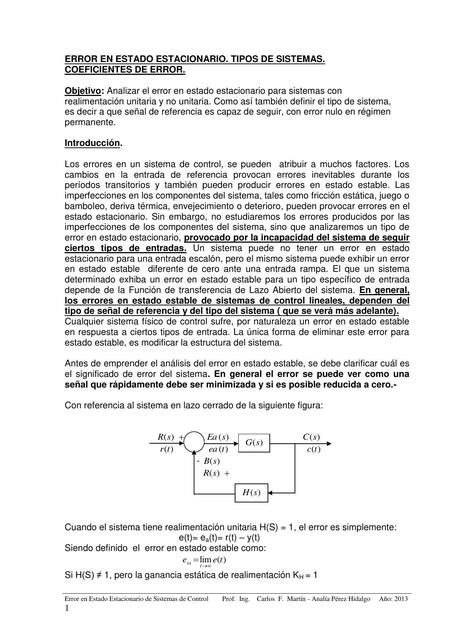 Error en Estado Estacionario. Tipos de Sistemas. Coeficientes de Error 