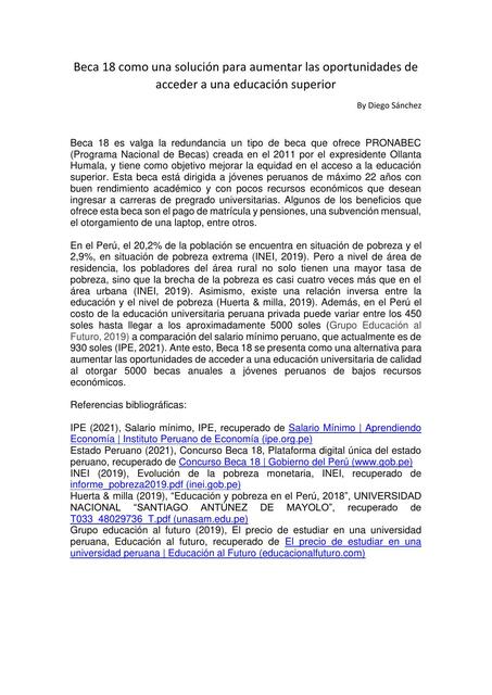 Beca 18 como una Solución para Aumentar las Oportunidades de Acceder a una Educación Superior