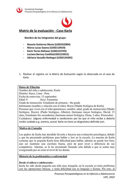 Matriz de la Evaluación: Caso Karla 