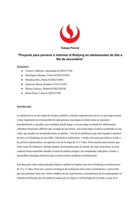 Proyecto para Prevenir e Informar el Bullying en Adolescentes de 2do a5to de Secundaria