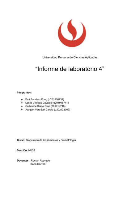 Informe de Laboratorio- Bioquímica de los Alimentos y Bromatología 