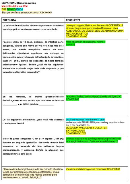 Examen Parcial Hematopoyético 