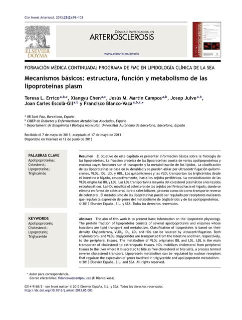 Mecanismos básicos: estructura, función y metabolismo de laslipoproteínas plasm