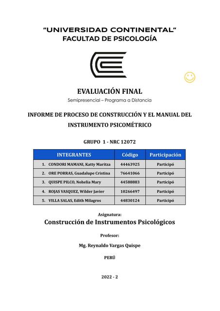 Informe de Proceso de Construcción y el Manual del Instrumento Psicométrico 