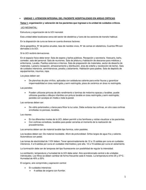 Unidad 1: atención integral del paciente hospitalizado en áreas críticas.