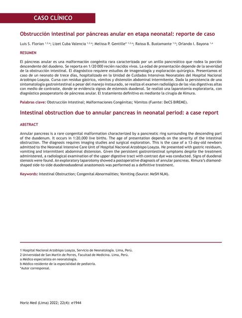 Obstrucción intestinal por páncreas anular en etapa neonatal: reporte de caso