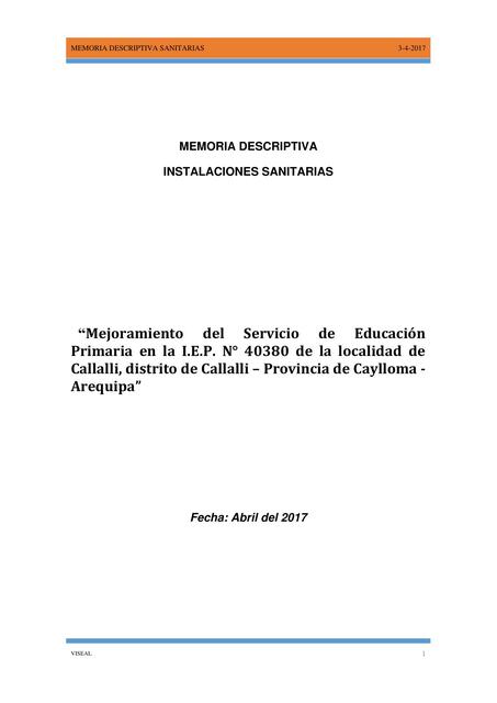 Mejoramiento  del  Servicio  de  Educación  Primaria  en  la  I.E.P.  N°  40380  de  la  localidad  de Callalli, distrito de Callalli – Provincia de Caylloma - Arequipa