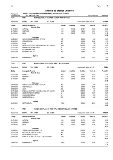 Análisis de precios unitarios 