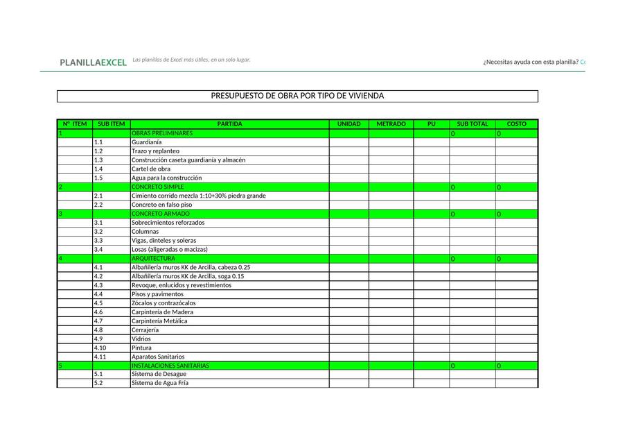 Planilla de Excel de Presupuesto de Obra de Vivienda