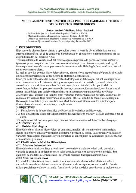 Modelamiento Estocastico para Predecir Caudales Futuros u Otros Eventos Hidrológicos 