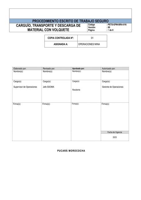 Procedimiento de trabajo seguro Carguío, Transporte y Descarga de material con volquete 