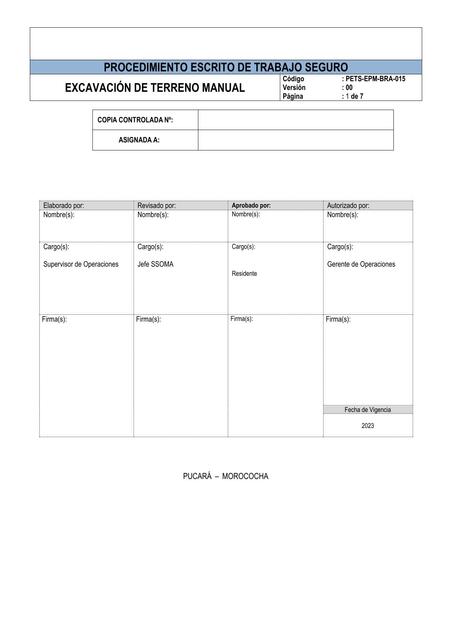 Procedimiento de trabajo seguro Excavación de Terreno Manual