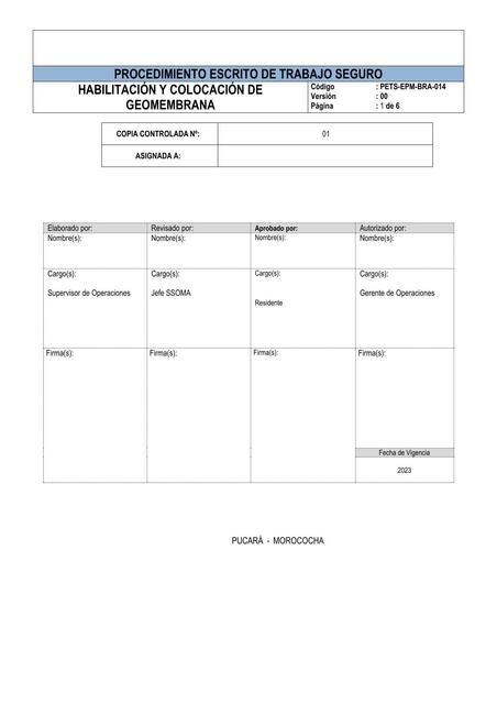 Procedimiento escrito de trabajo seguro Habilitación y colocación de geomembrana 