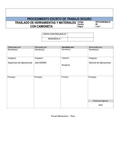 Procedimiento de trabajo seguro Traslado de herramientas y materiales con camioneta 