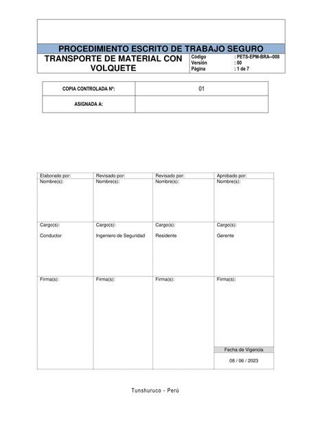 Procedimiento de trabajo seguro Transporte de material con volquete 