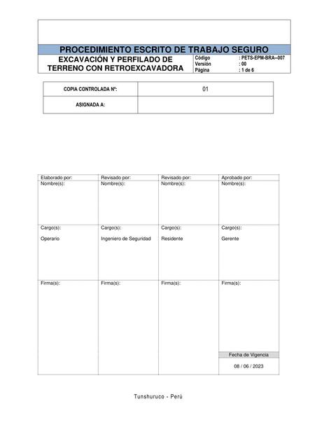 Procedimiento de trabajo seguro Excavación y perfilado de terreno con retroexcavadora 