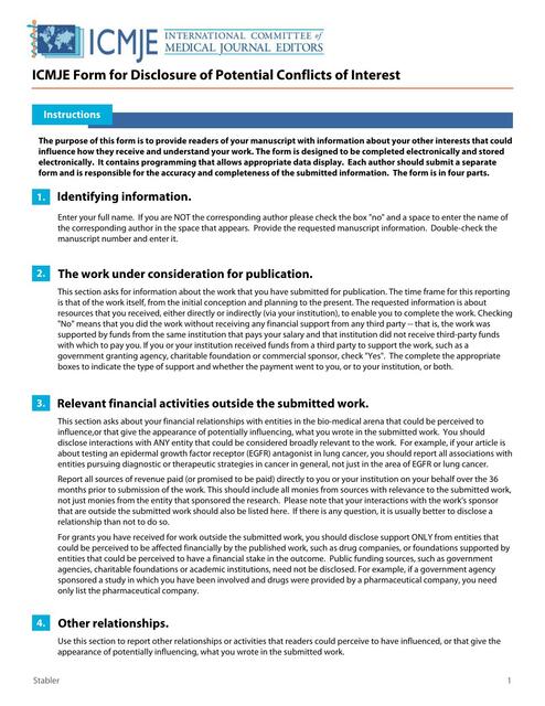 ICMJE Form for Disclosure of Potential Conflicts of Interes