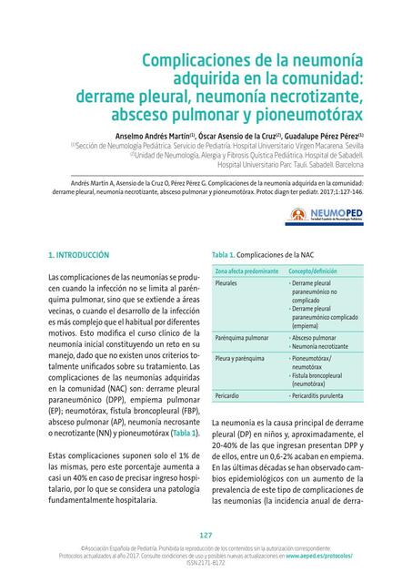 Complicaciones de la neumonía adquirida en la comunidad: derrame pleural, neumonía necrotizante, absceso pulmonar y pioneumotórax