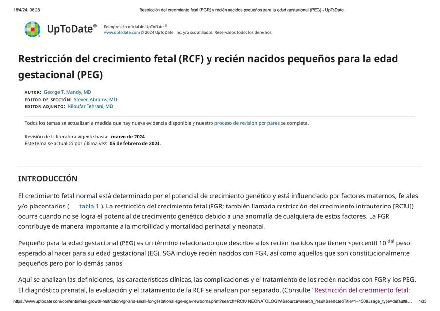 Restricción del crecimiento fetal (RCF) y recién nacidos pequeños para la edadgestacional (PEG