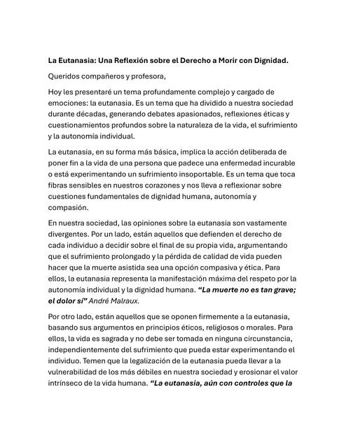 Discurso sobre la eutanasia