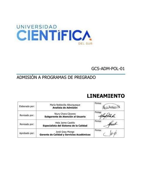 GCS ADM POL 01 Lineamiento para admision a program