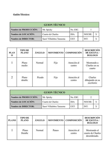 Guión Técnico de cortometraje de terror