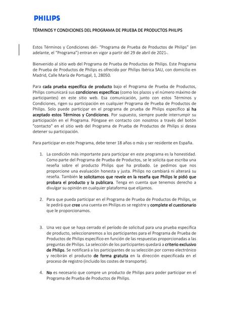 PTP Terms Conditions Spain