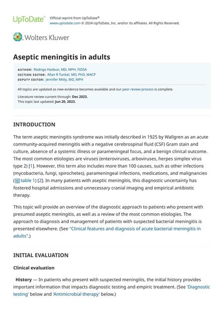 Aseptic meningitis in adults UpToDate