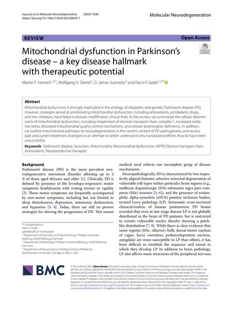 Mitochondrial dysfunction in Parkinsons diseasea k