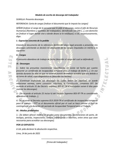 Modelo de escrito de descargo del trabajador 2 | wilber maquera callata ...