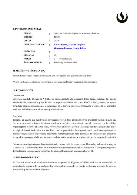 HO117 Seleccion Sanidad e Higiene de Alimentos 