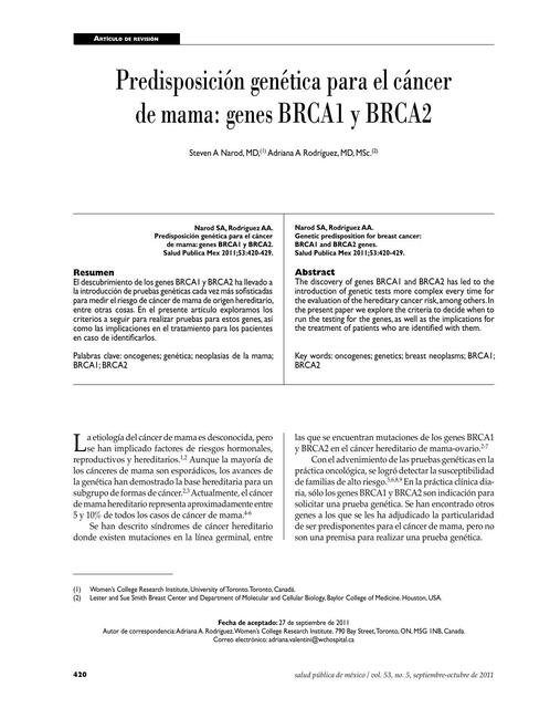 Predisposición genética para el cáncer de mama: genes BRCA1 y BRCA2