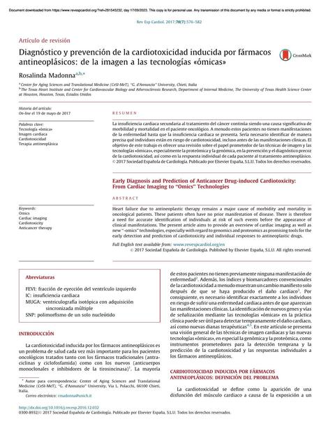 Diagnostico  y prevencion  de la cardiotoxicidad inducida por farmacos antineoplasicos:  de la imagen a las tecnologıas  «omicas»