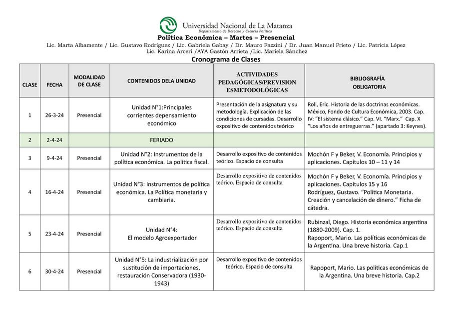 Cronograma de Clases Martes