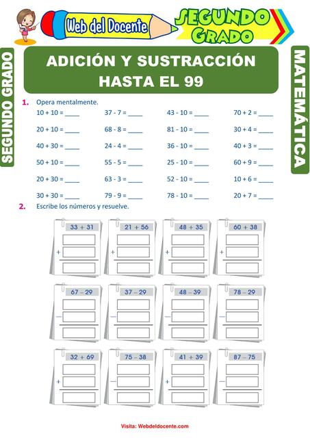 Adición y Sustracción hasta el 99 para Segundo Grado