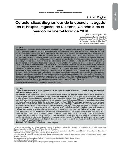 Características diagnósticas de la apendicitis aguda en el hospital regional de Duitama, Colombia en el periodo en Enero-Marzo de 2010 