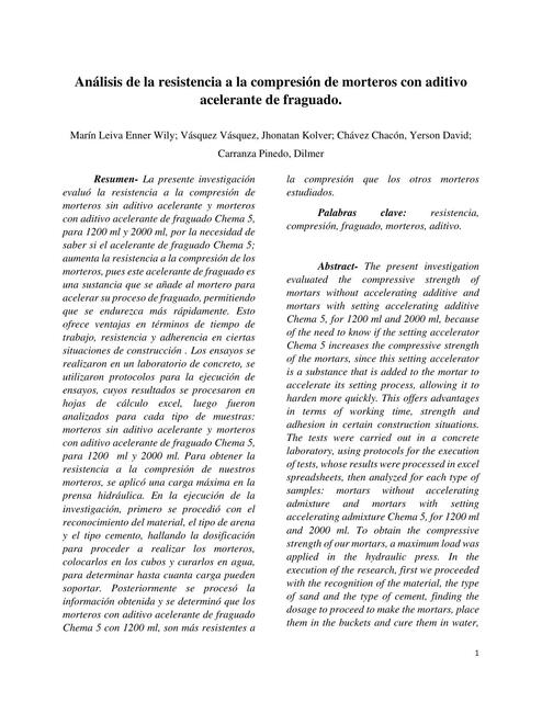 Análisis de la resistencia a la compresión de morteros con aditivo acelerante de fragua