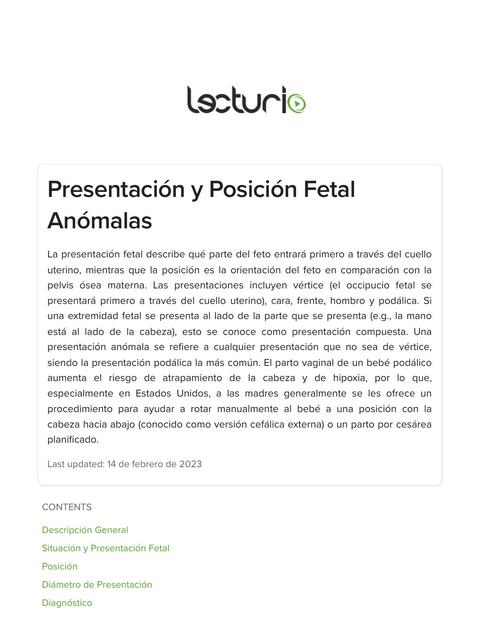 Presentación y Posición Fetal Anómalas