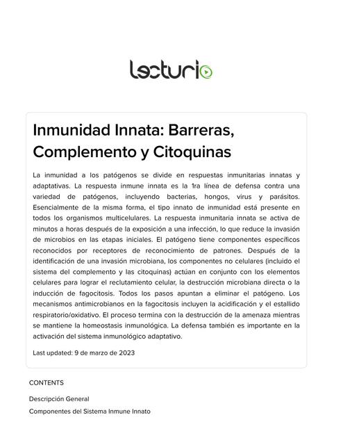 Inmunidad Innata: Barreras Complemento y Citoquinas