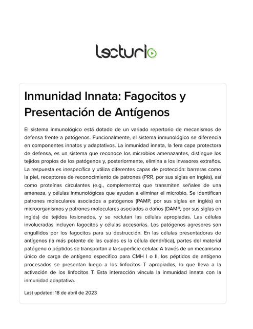 Inmunidad Innata: Fagocitos y Presentación de Antígenos