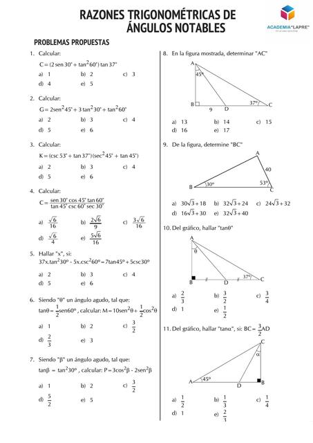 Razones trigonométricas de ángulos notables 