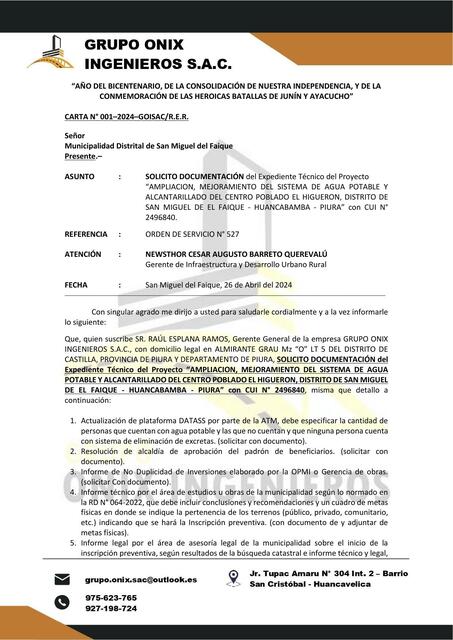 SOLICITUD DE DOCUMENTOS PARA EXPEDIENTE SANEAMIENT