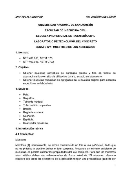 ENSAYO No1 MUESTREO DE LOS AGREGADOS