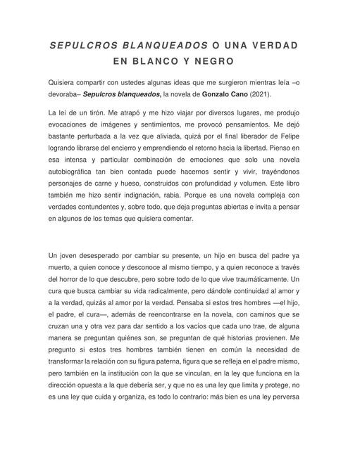 Resumen de la obra Sepulcros Blanqueados del autor Gonzalo Cano