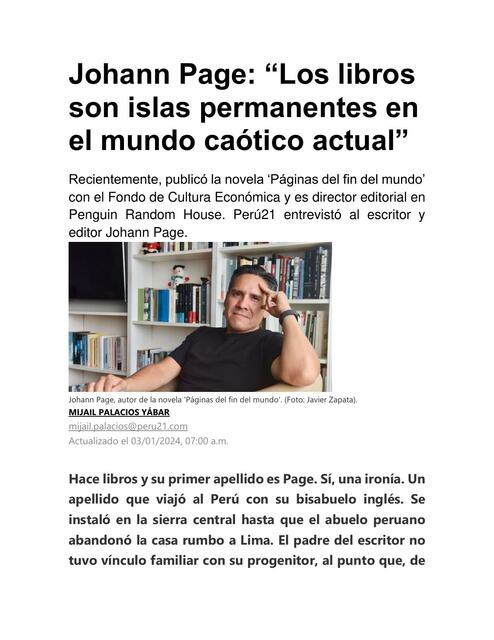 Resumen de la obra Páginas del Fin del Mundo del autor Johann Page