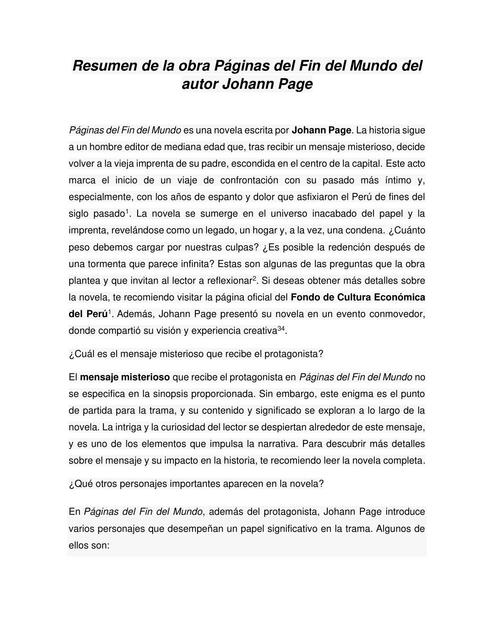 Resumen de la obra Páginas del Fin del Mundo del autor Johann Page