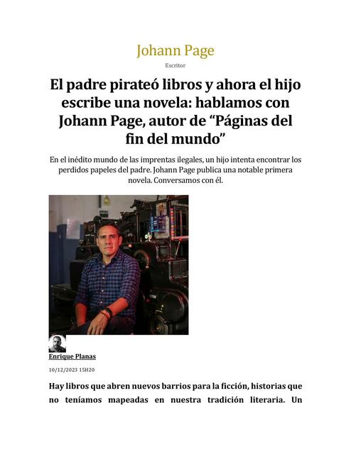 Resumen de la obra Páginas del Fin del Mundo del autor Johann Page