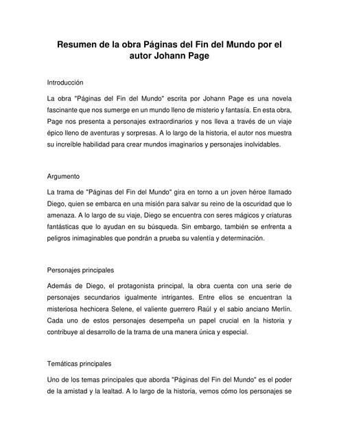 Resumen de la obra Páginas del Fin del Mundo del autor Johann Page