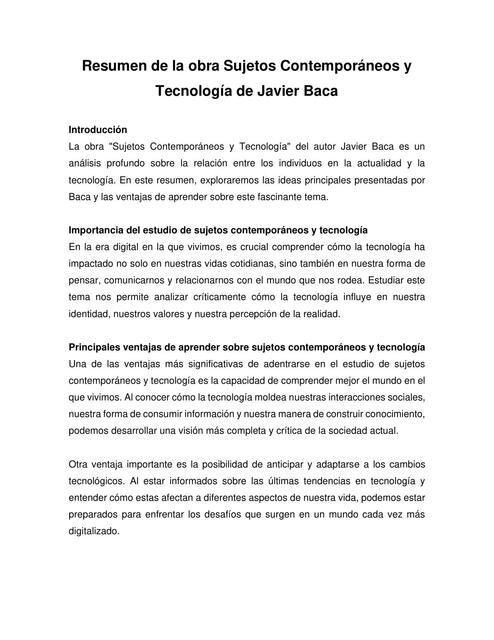 Resumen de la obra Sujetos Contemporáneos y Tecnología de Javier Baca